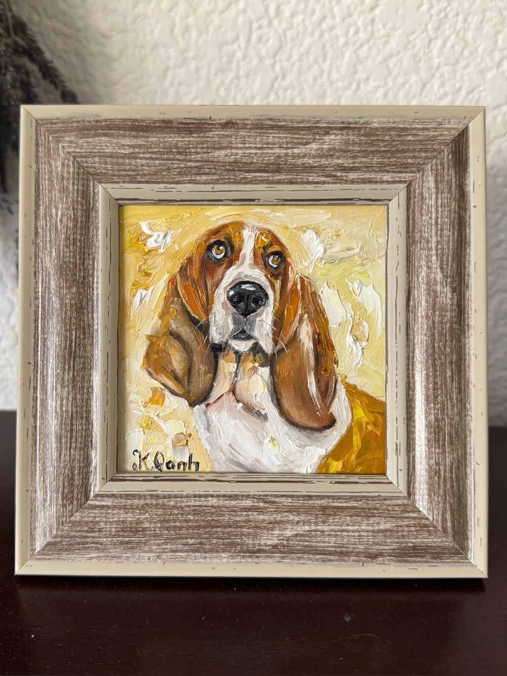 Original oil painting basset hound dog portrait signed framed 4x4 inches